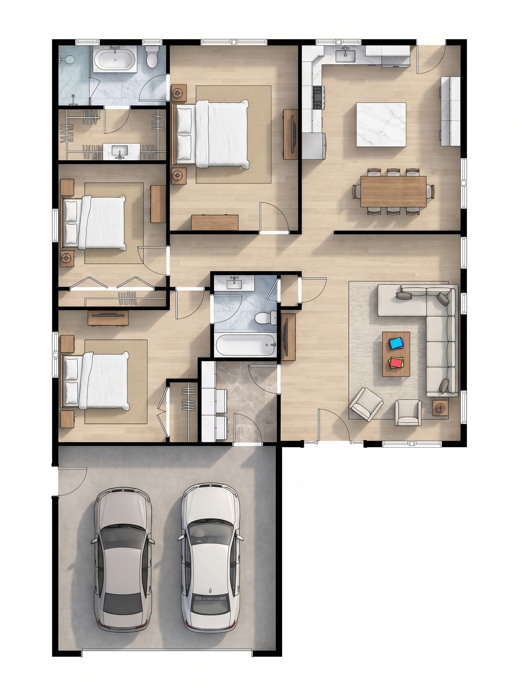 3 bedroom bright floor plan showing 2 bathrooms - 1,889 sq ft